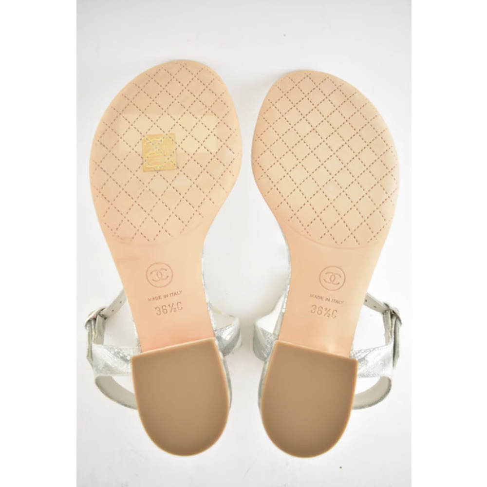 Chanel 20P White Silver CC Logo Mule Strap Thong Sandal Block Heel Flat 36.5c - Picture 4 of 12